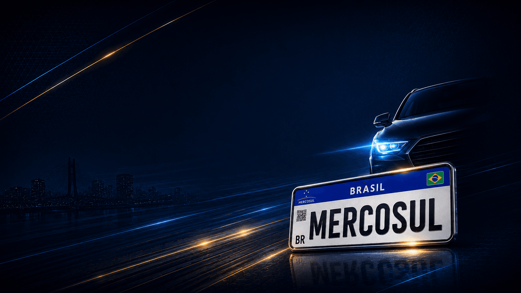Placa Mercosul em destaque com veículo ao fundo, emplacamento na Casa de Placas em Rio Negro